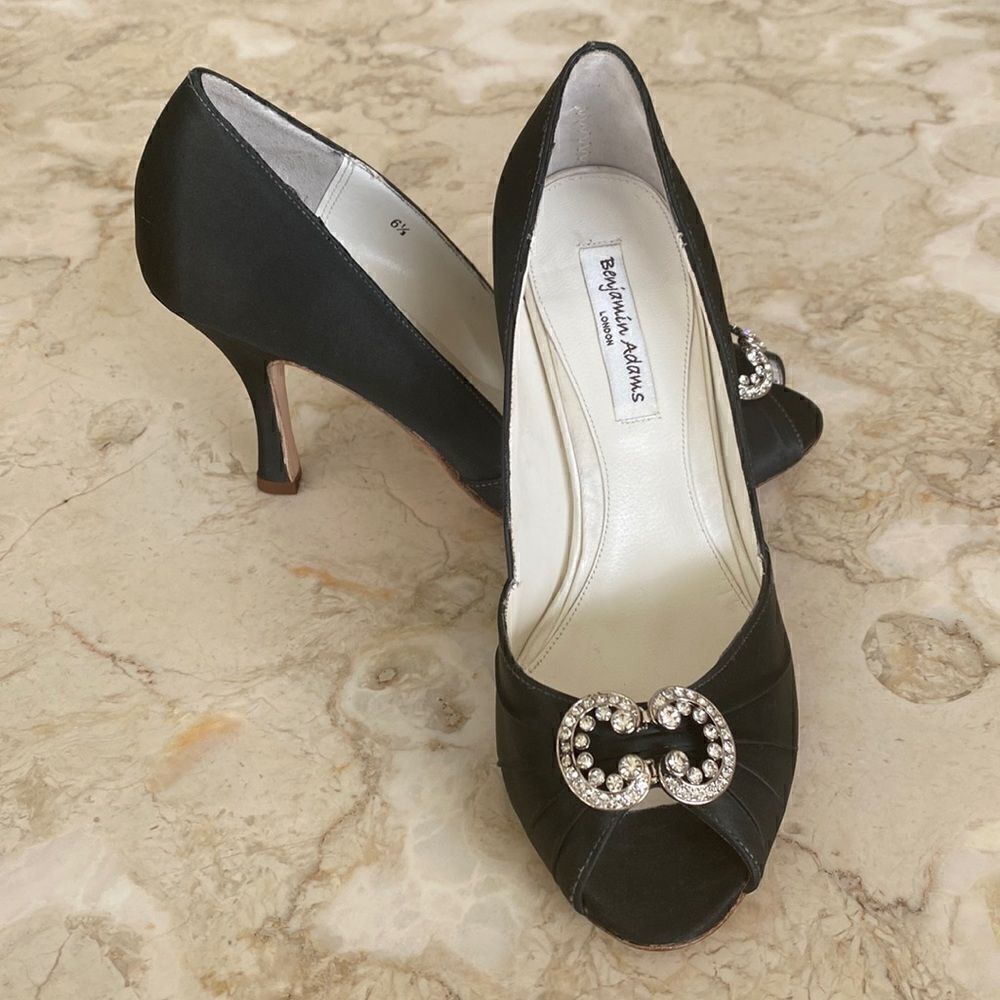 Benjamin Adams London Black Satin & Swarovski Crystals Peep Toe Evening Heels